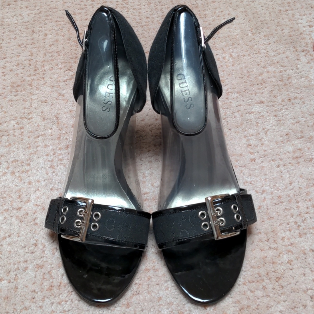 Guess Black Clear Wedge Sandals with Buckle Detail